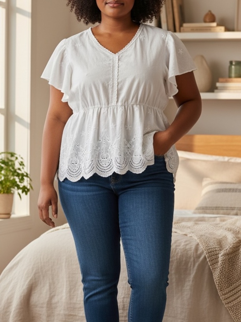 100% Cotton Bohemian White Eyelet V-Neck Flutter Short Sleeve Top 4x